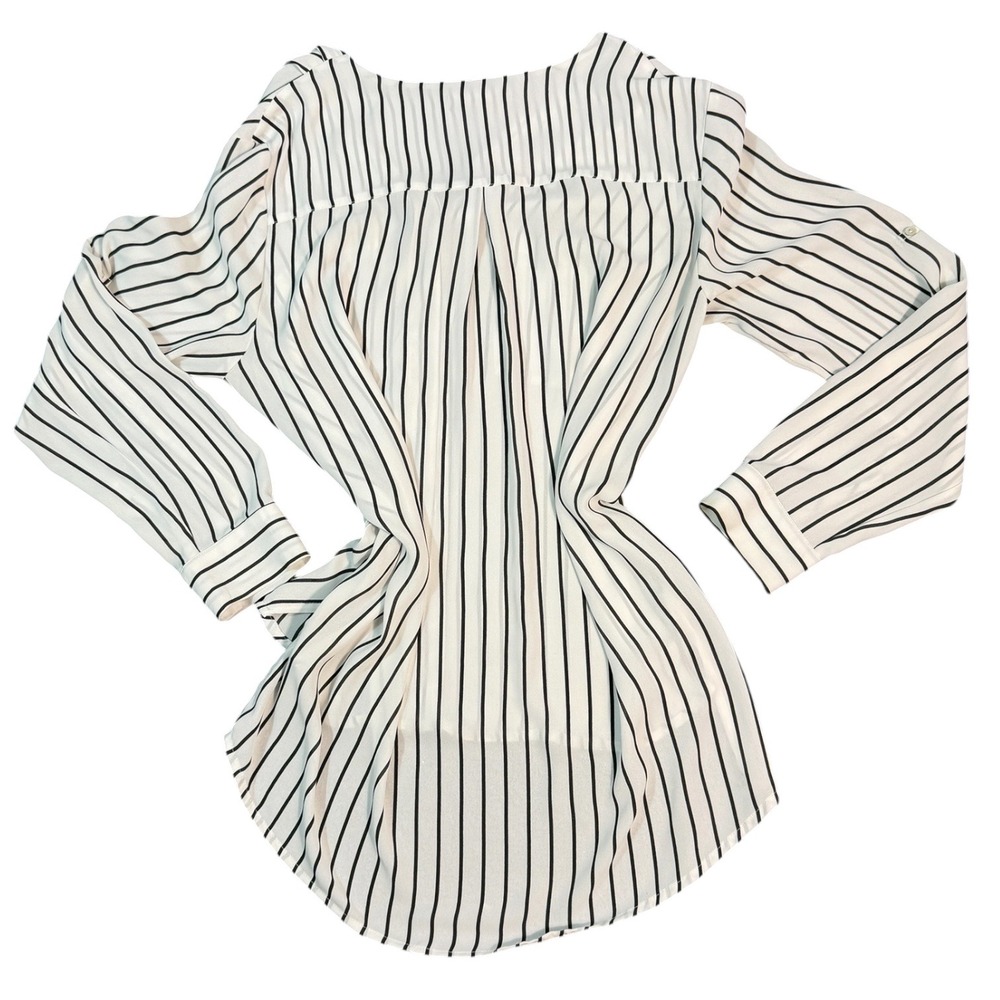 H&M Striped Blouse Womens Size 10 White Black V-Neck Roll Tab Sleeve Button Down - Picture 9 of 14